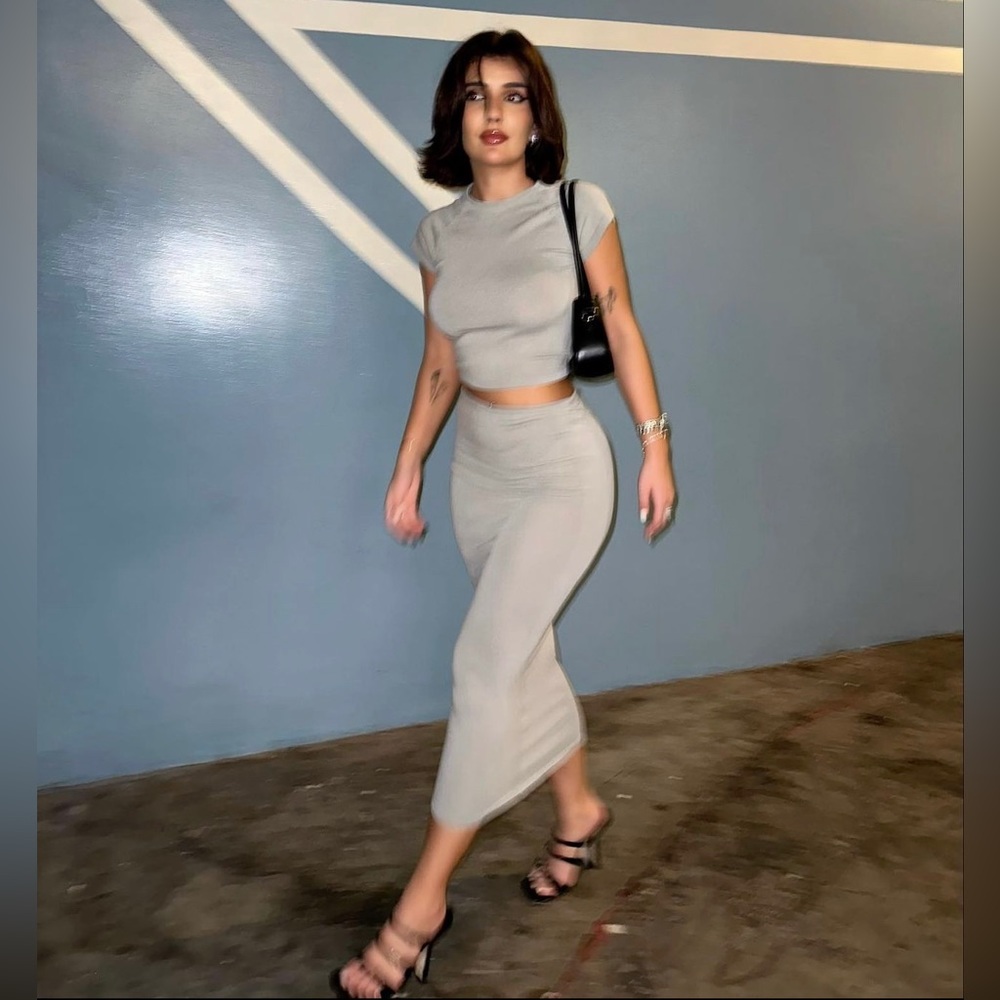 Zara Set - Gray Knit Top & Midi Skirt